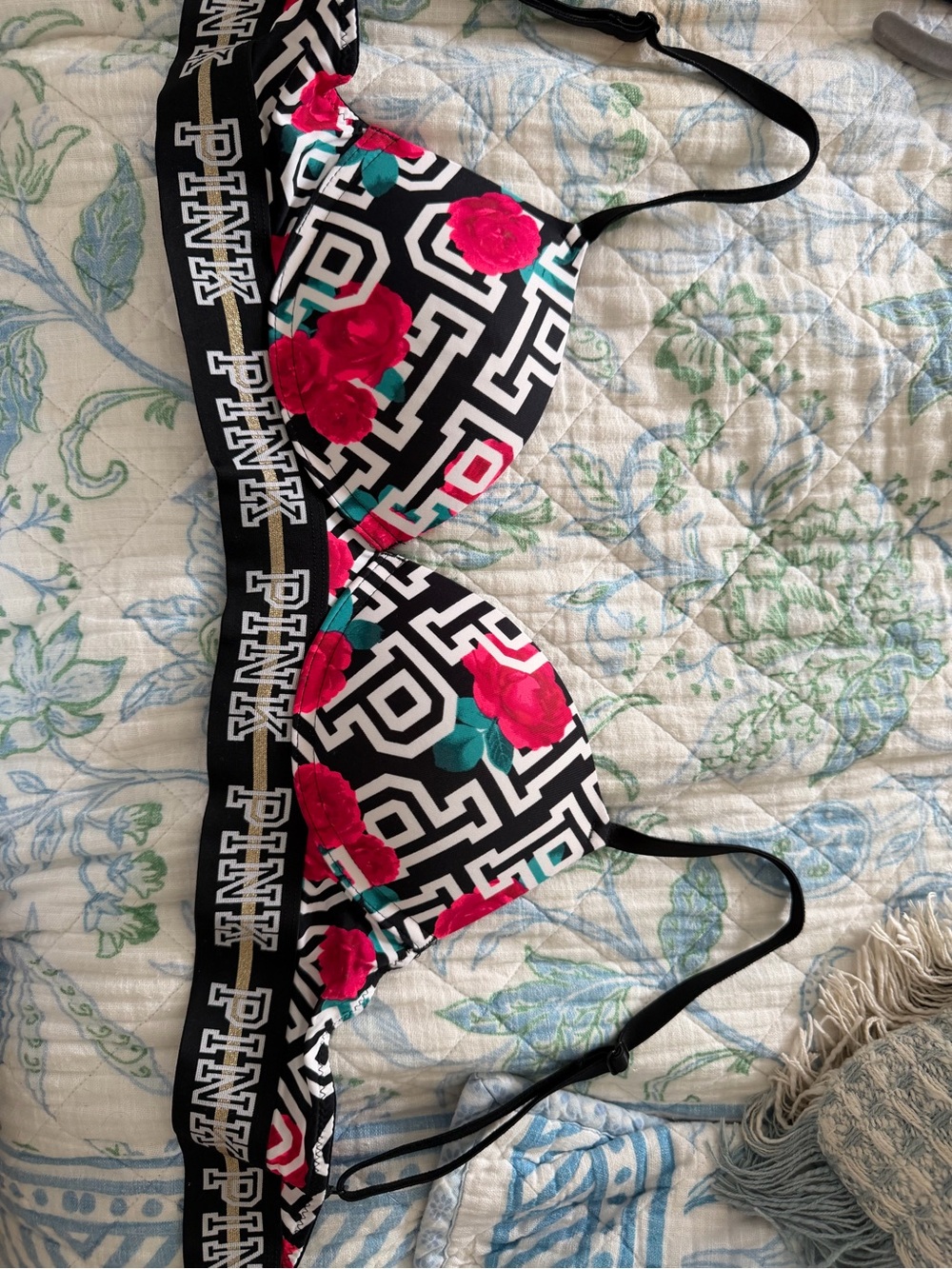 Victoria's Secret PINK y2K floral bra with black trim and white text size 34A